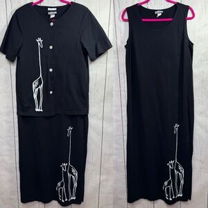 Vintage Fine Line Two Piece Giraffe Set Made in USA Black Cotton Lagenlook Artsy